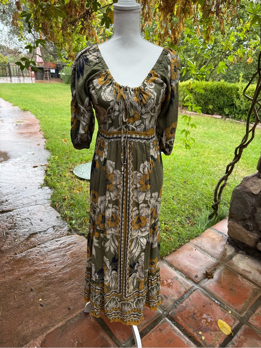 Angie Olive Maxi Dress with Mustard Floral Print